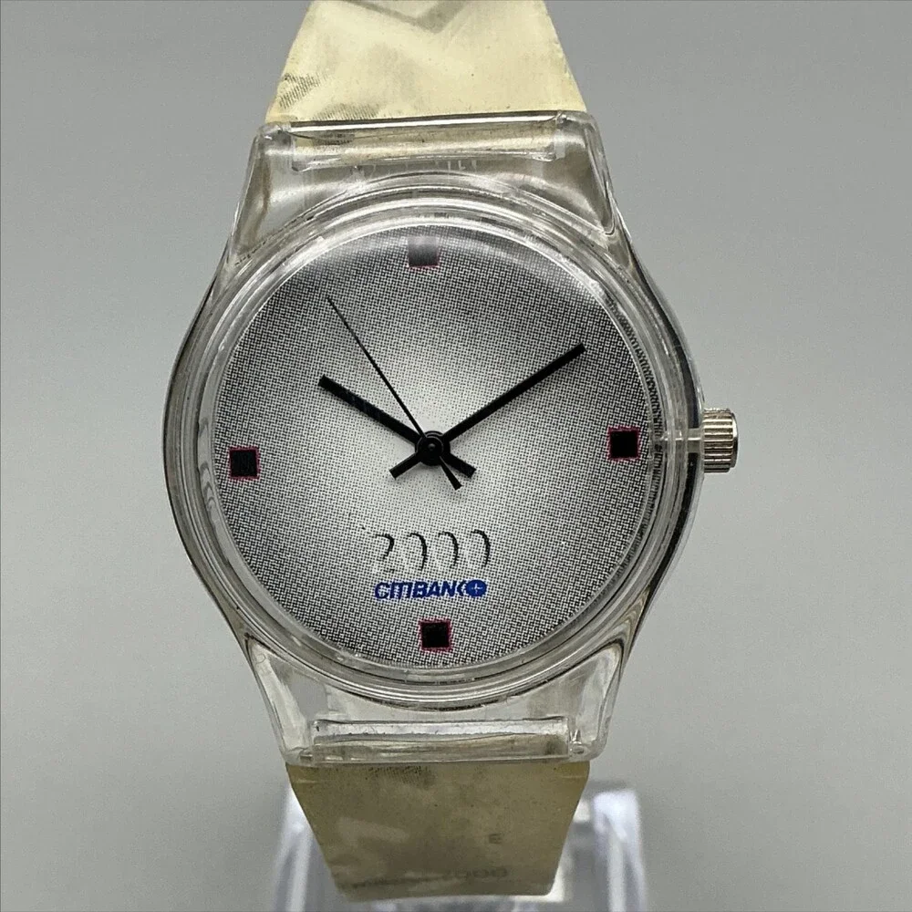 Vintage Citibank Millennium 2000 Mens Watch 34mm White Band New Battery
